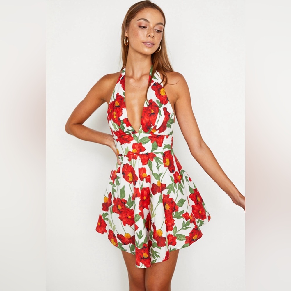 Selfie Leslie White Mini Dress with Red Floral Print